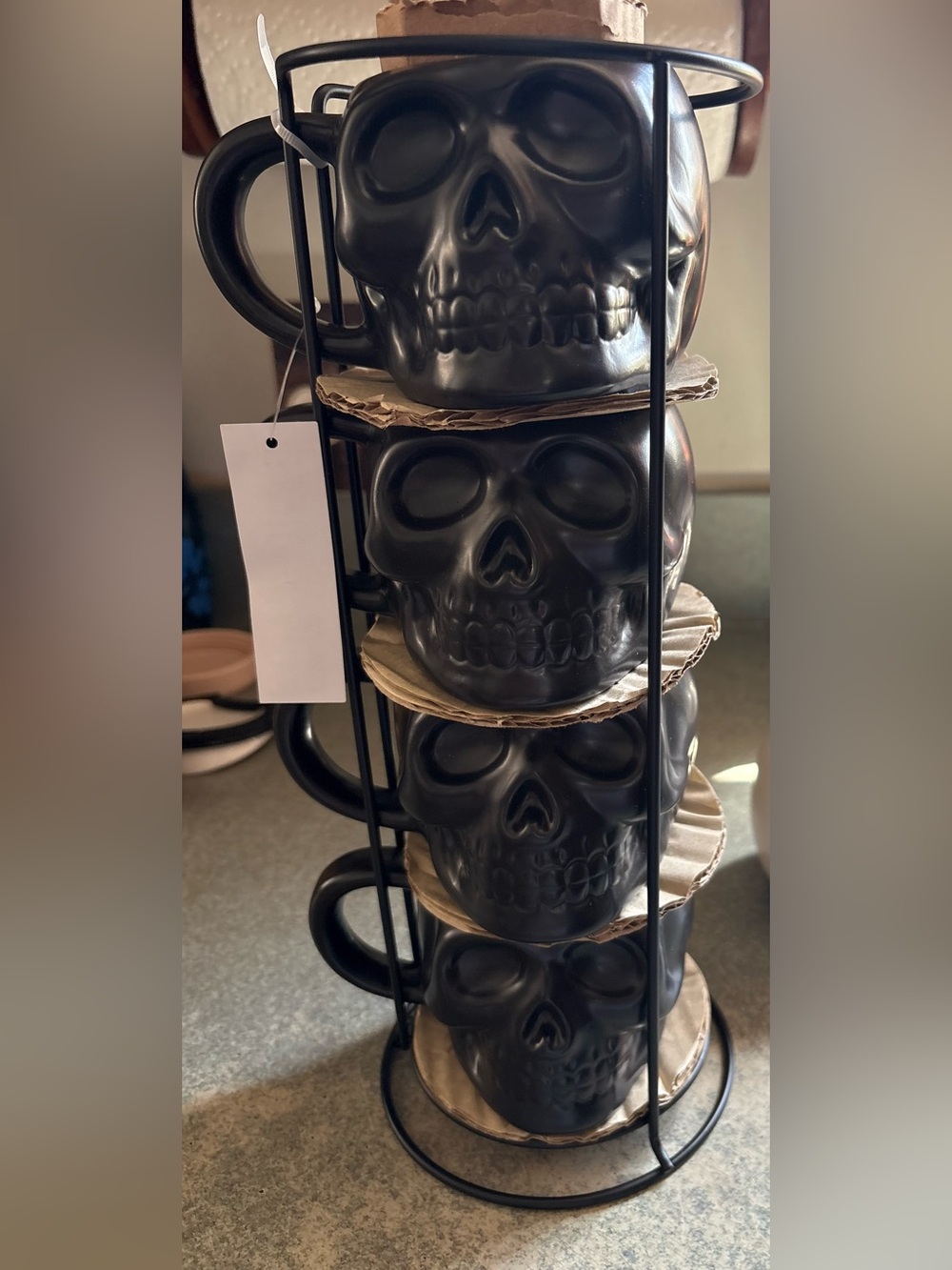 Matte Black Skull Ceramic Mug Set with Rack - 4 Halloween Coffee Mugs